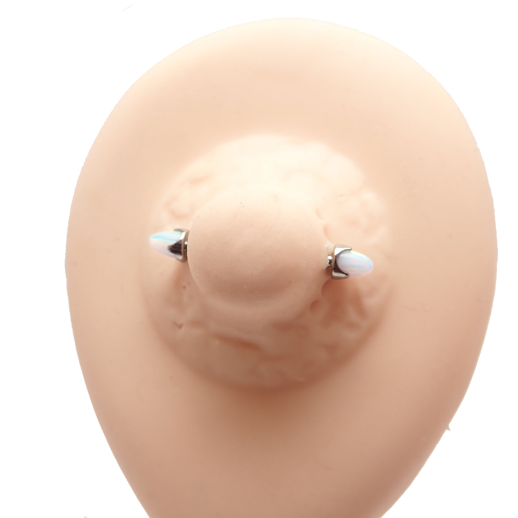 White opal cone nipple bar from Body Clickers, 16g body jewelry with an 8mm design and sleek, polished appearance.