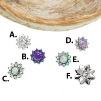 CZ Daisy, Opal Tear, and Moon titanium dermal tops for body jewelry, 14g, designed for dermal piercing enhancements.