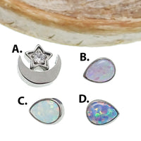 CZ Daisy, Opal Tear, and CZ Moon dermal titanium tops for body jewelry, 14g, featuring colorful gemstone designs.