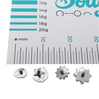 CZ Daisy, Opal Tear, and CZ Moon dermal titanium tops for 14g body jewelry, shown on a jewelry display.