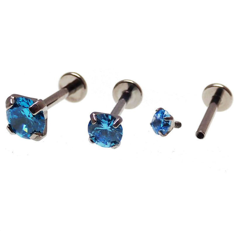 Three blue Aqua Triple CZ flat back body jewelry pieces in 14g, 16g, and 18g from Body Clickers.