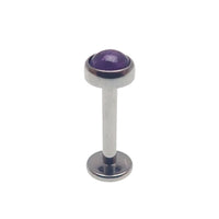 Amethyst and moonstone titanium flatback labret body jewelry in 14g, 16g, and 18g gauges, featuring a polished gemstone design.