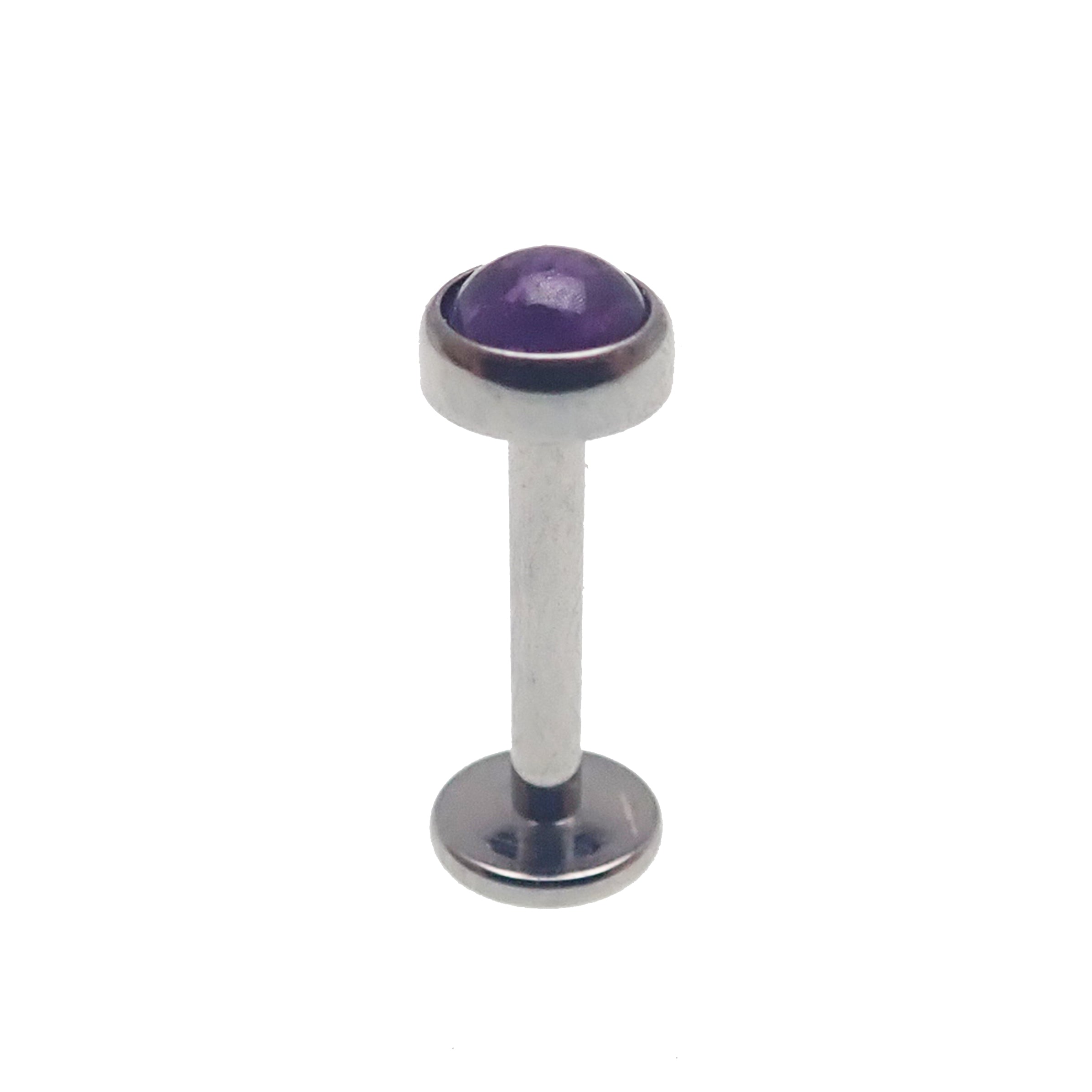 Amethyst and moonstone titanium flatback labret body jewelry in 14g, 16g, and 18g gauges, featuring a polished gemstone design.