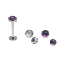 Amethyst and moonstone titanium flatback labret body jewelry in 14g, 16g, 18g with polished gemstones and sleek metal setting.
