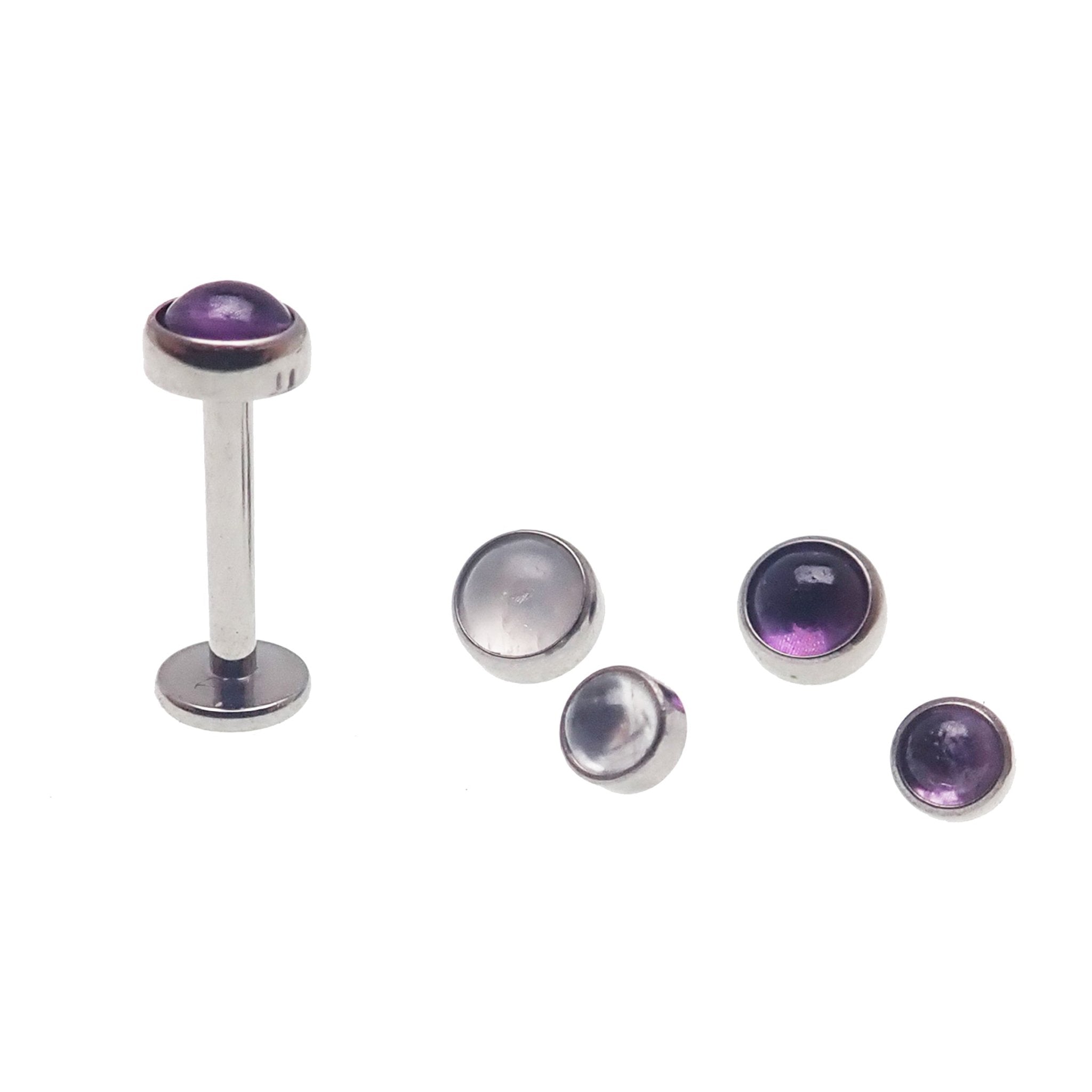 Amethyst and moonstone titanium flatback labret body jewelry in 14g, 16g, 18g with polished gemstones and sleek metal setting.