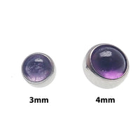 Amethyst and moonstone titanium top body jewelry in 16g, featuring a 3mm gemstone for body piercing.