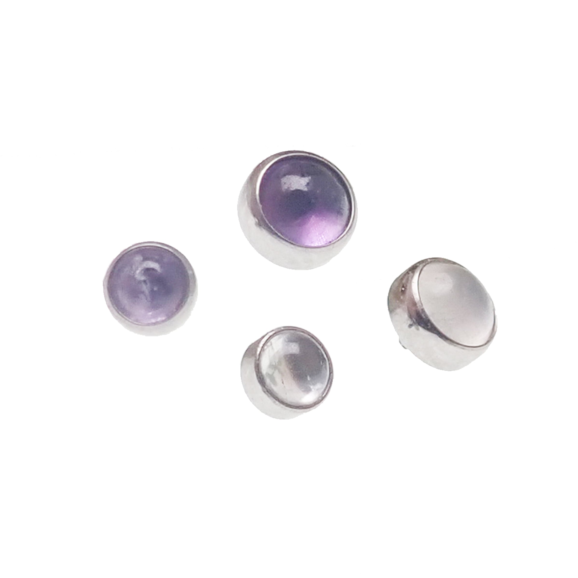 Amethyst and moonstone titanium body jewelry top, 16g, with purple and iridescent stones, from Body Clickers.