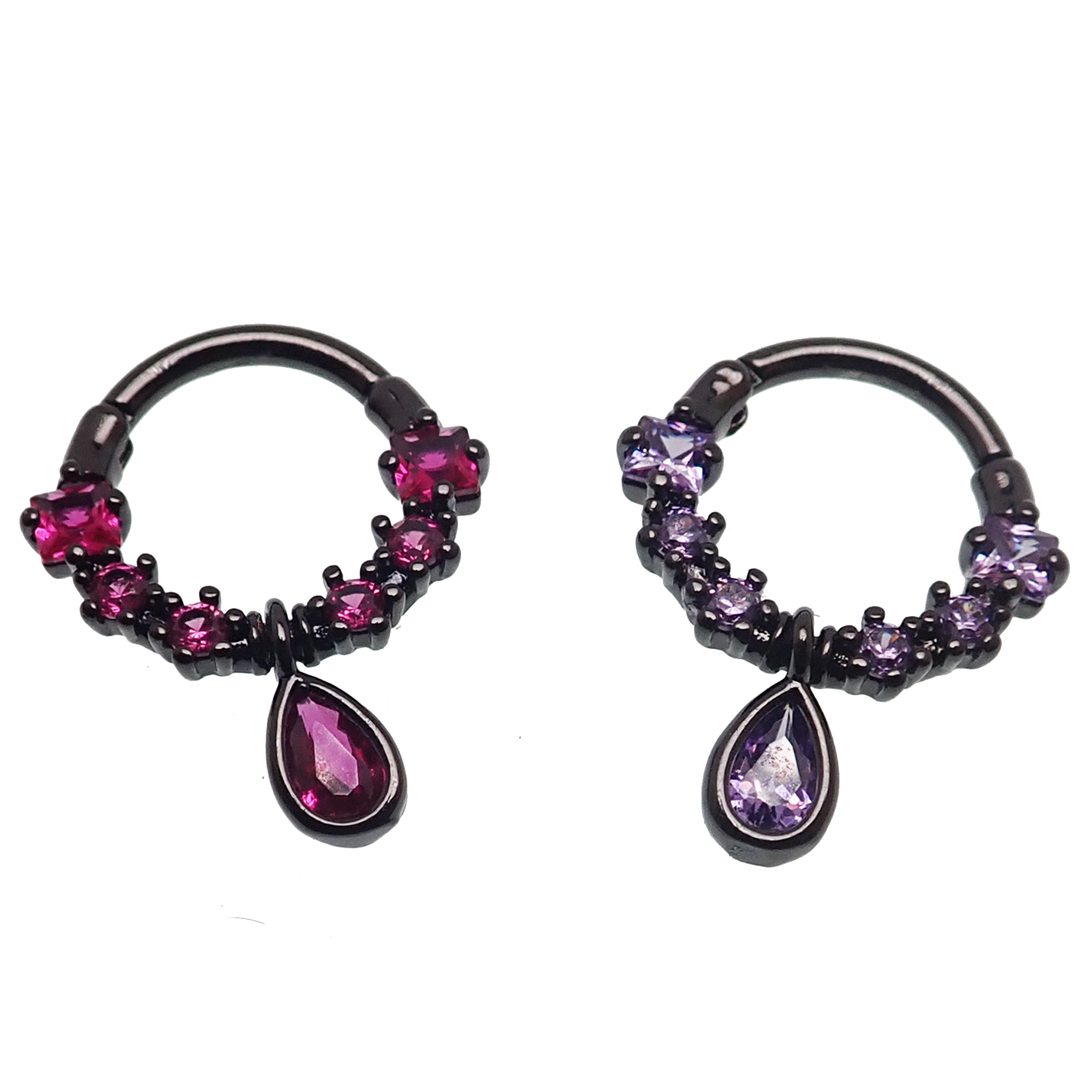 PVD black steel septum clicker with teardrop-shaped CZ stone, 16g body jewelry by Body Clickers.