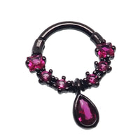 PVD black CZ tear drop steel septum clicker body jewelry in 16g with a stylish tear drop design.