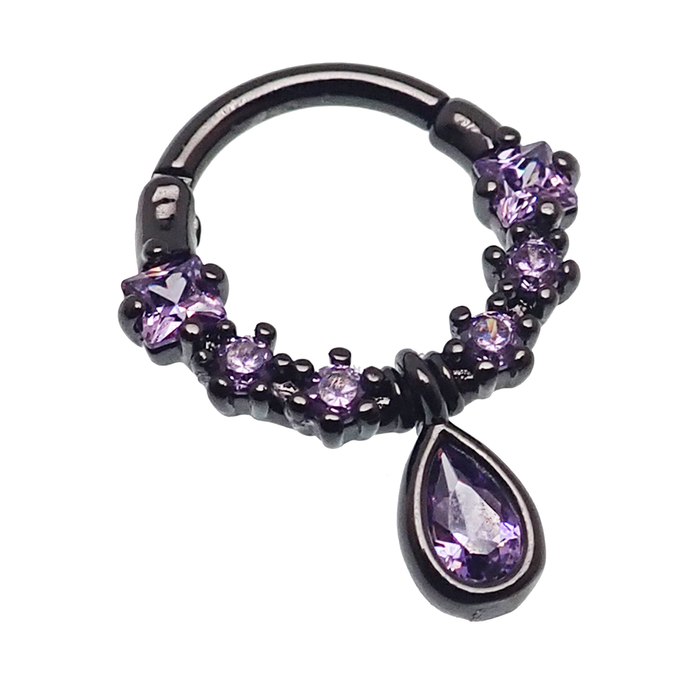 PVD black CZ tear drop steel septum clicker body jewelry in 16g with a stylish tear drop design from Body Clickers.