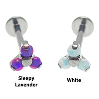 Body Clickers opal trio cluster flat back labret body jewelry in 14g, 16g, and 18g with angel skin opal stones.