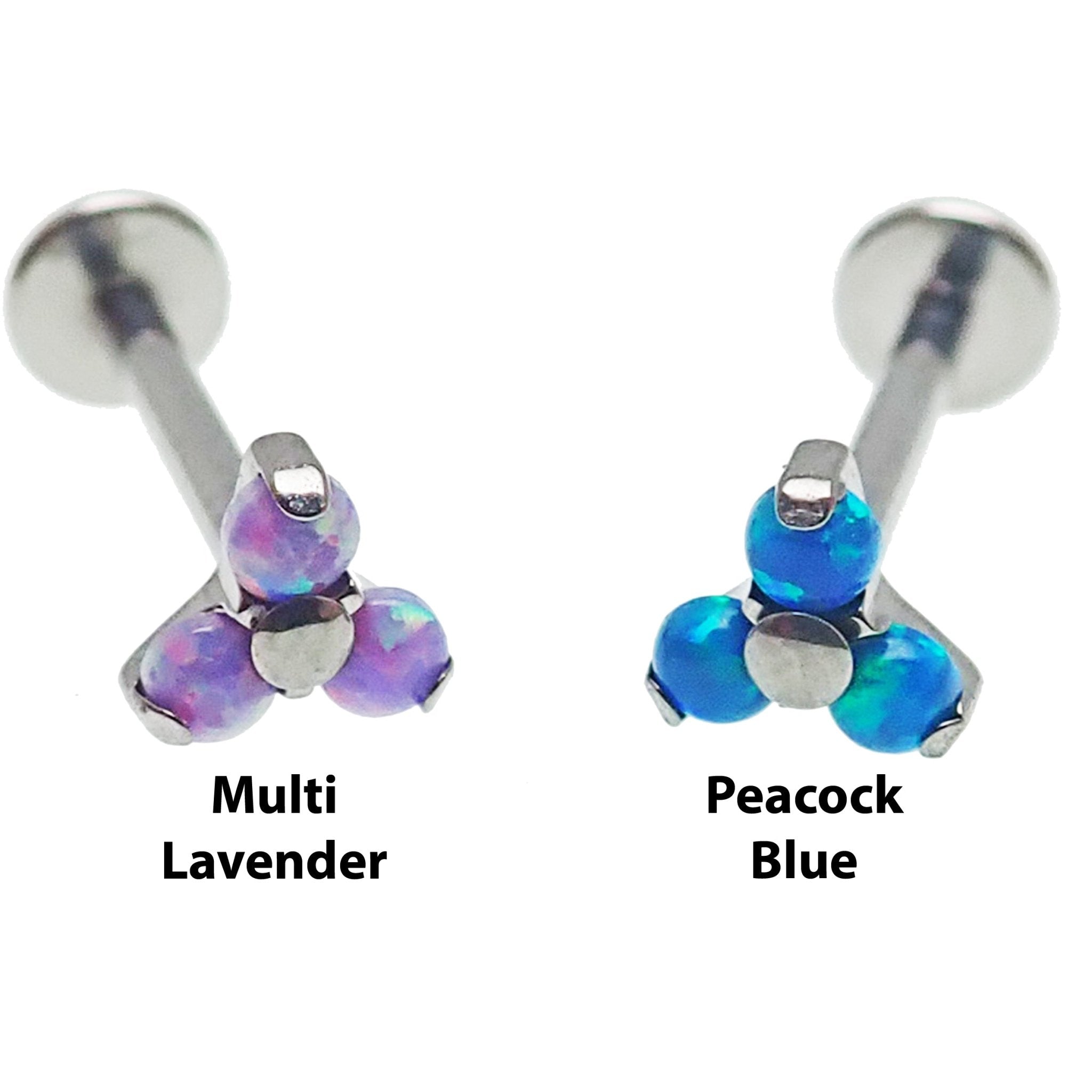 Opal Trio Cluster Flat Back Labret body jewelry by Body Clickers in 14g, 16g, 18g with angel skin opal stones.