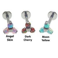 Opal trio cluster flat back labret body jewelry by Body Clickers in 14g, 16g, 18g with angel skin opal stones.
