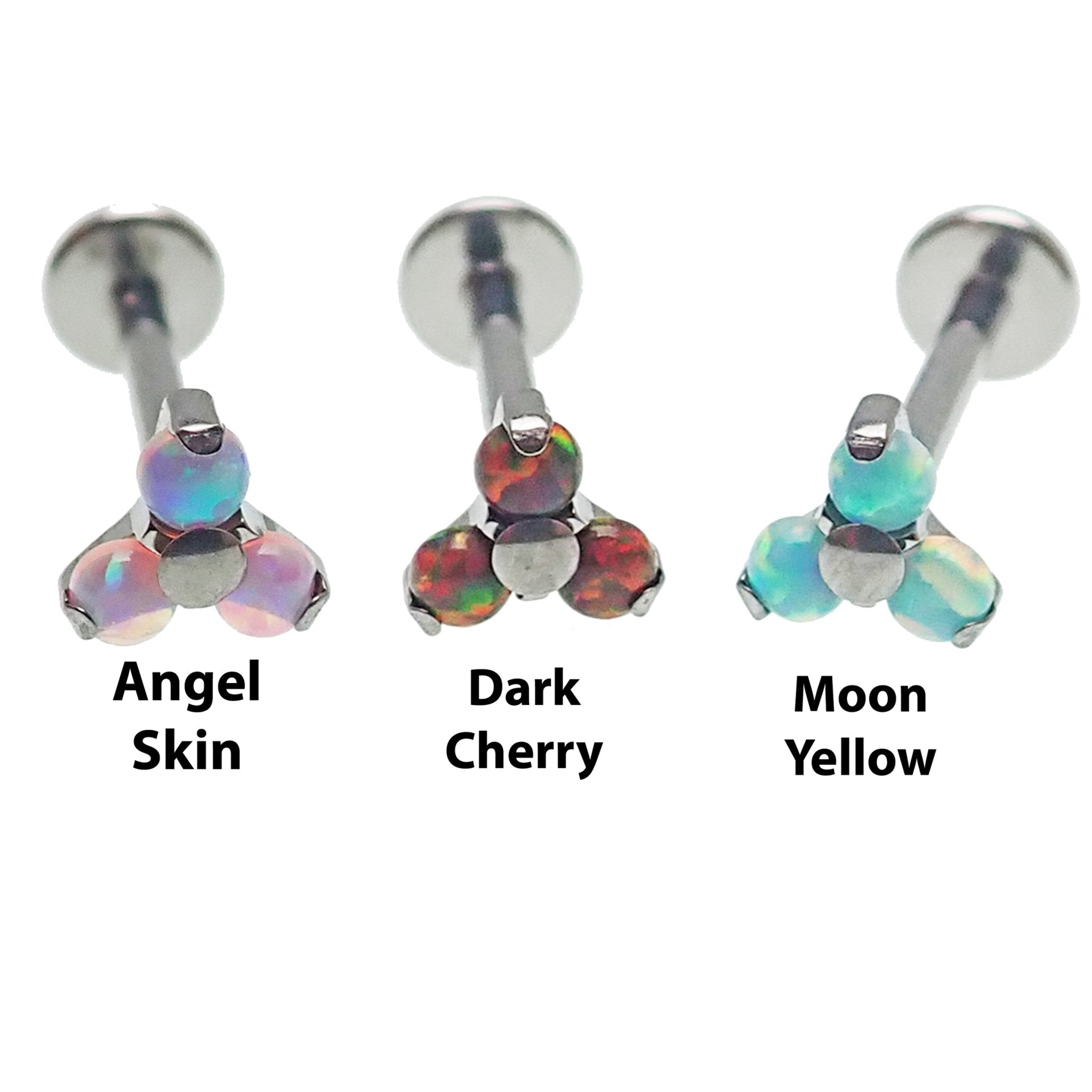 Opal trio cluster flat back labret body jewelry by Body Clickers in 14g, 16g, 18g with angel skin opal stones.