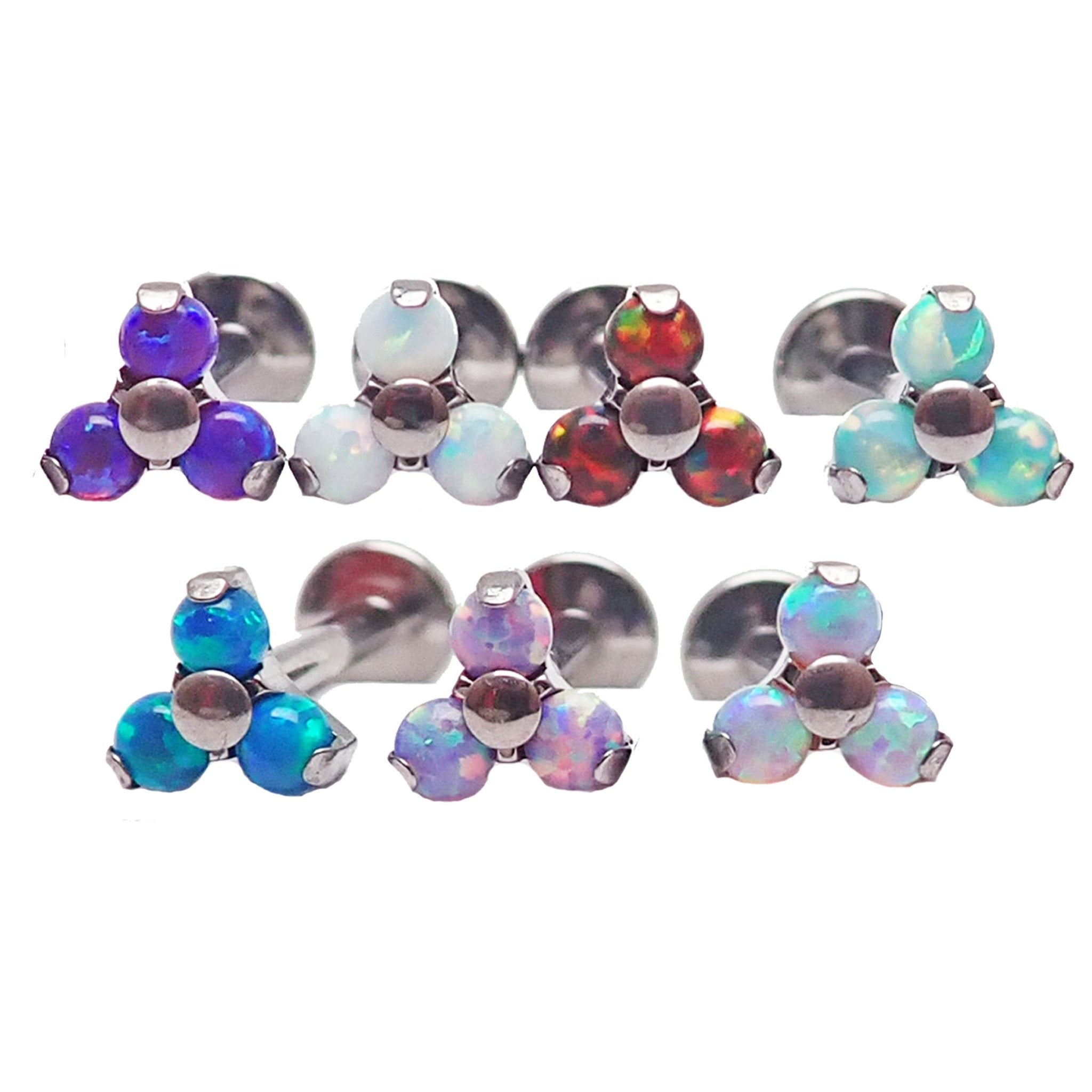 Opal Trio Cluster Flat Back Labret body jewelry in 14g, 16g, 18g with angel skin opal stones, from Body Clickers.