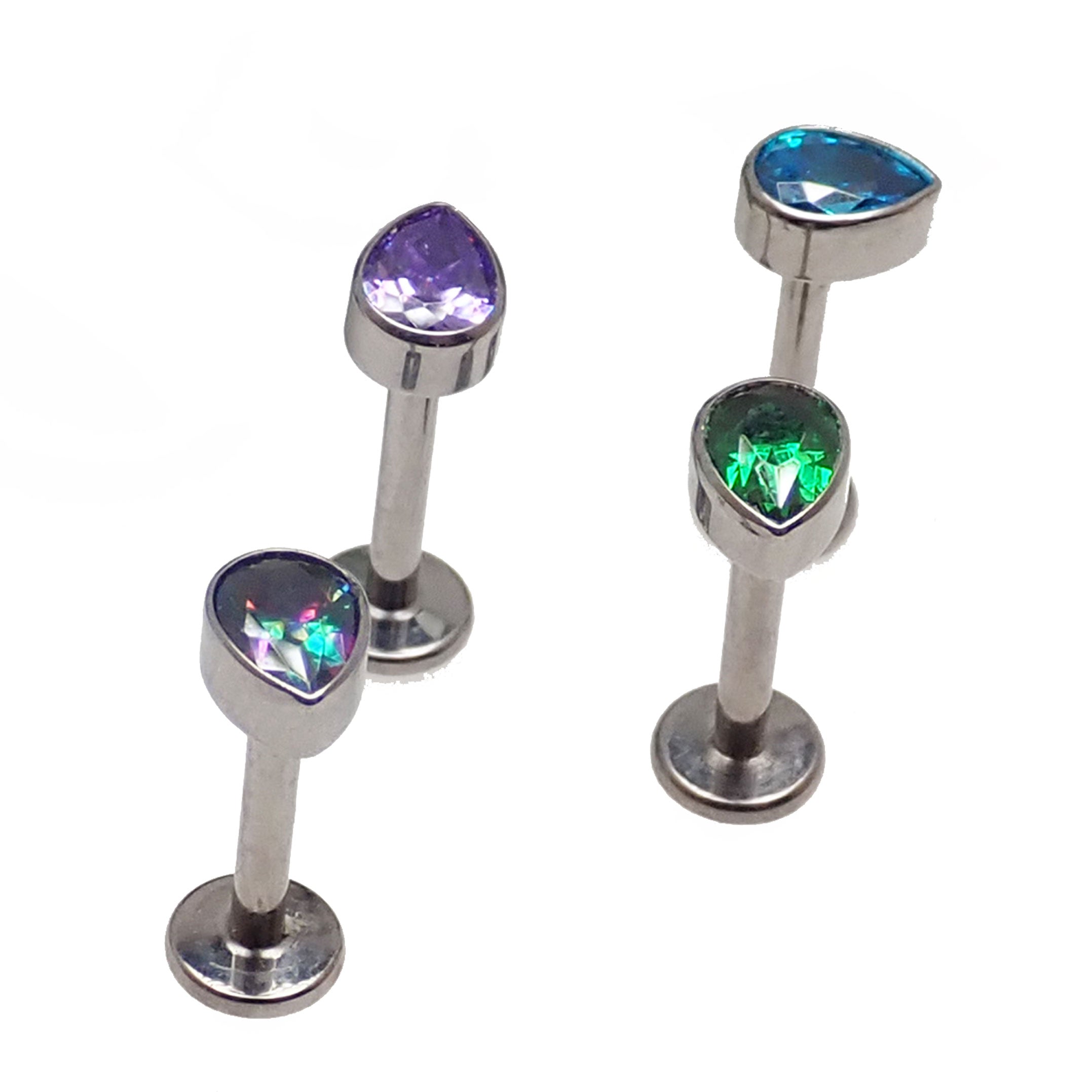 Medusa piercing with CZ teardrop flat back body jewelry by Body Clickers in 14g, 16g, and 18g sizes.