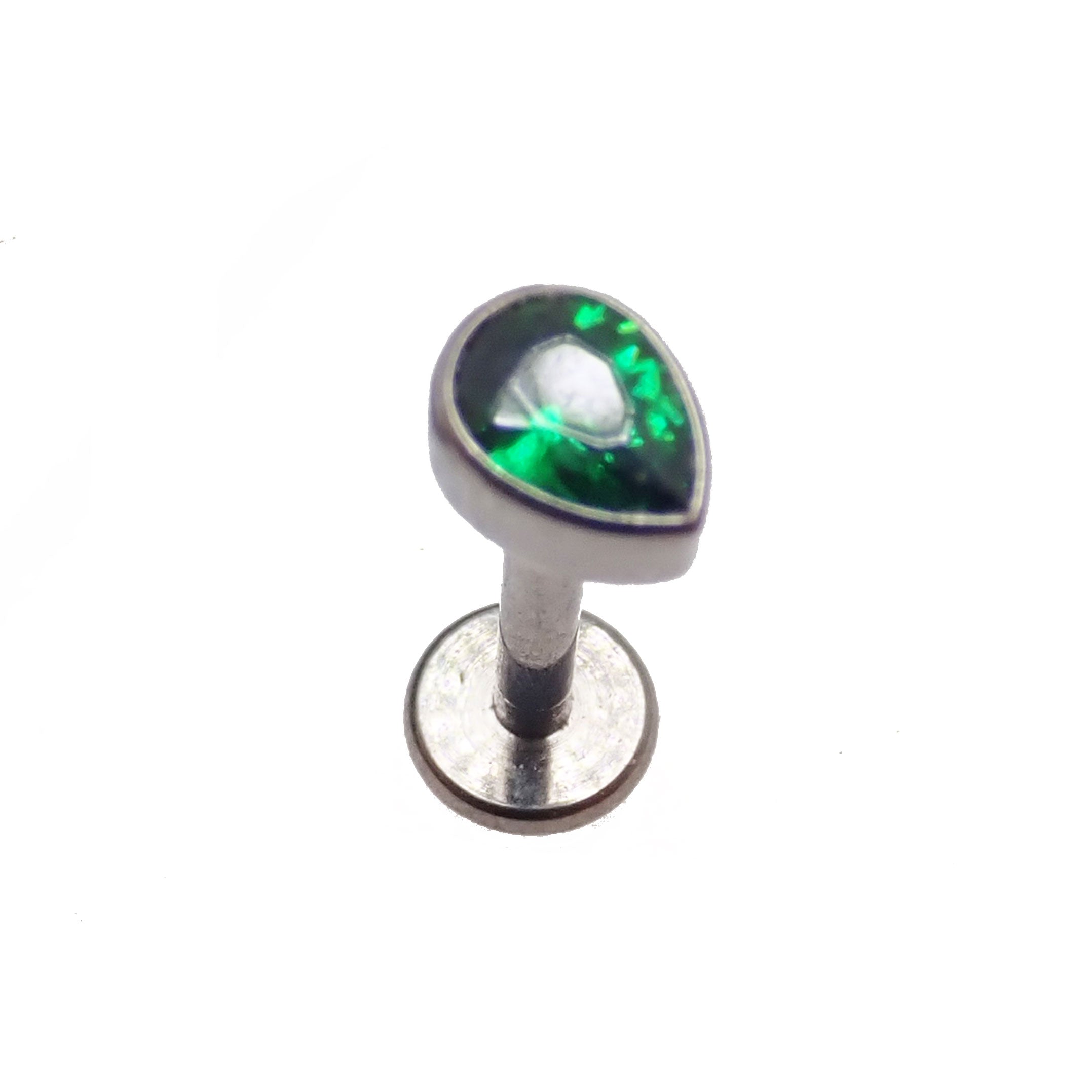 Green CZ teardrop-shaped flat back body jewelry by Body Clickers in 14g, 16g, and 18g sizes.