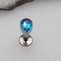 Aqua CZ teardrop body jewelry by Body Clickers, flat back Medusa piercing in 14g, 16g, and 18g gauges.