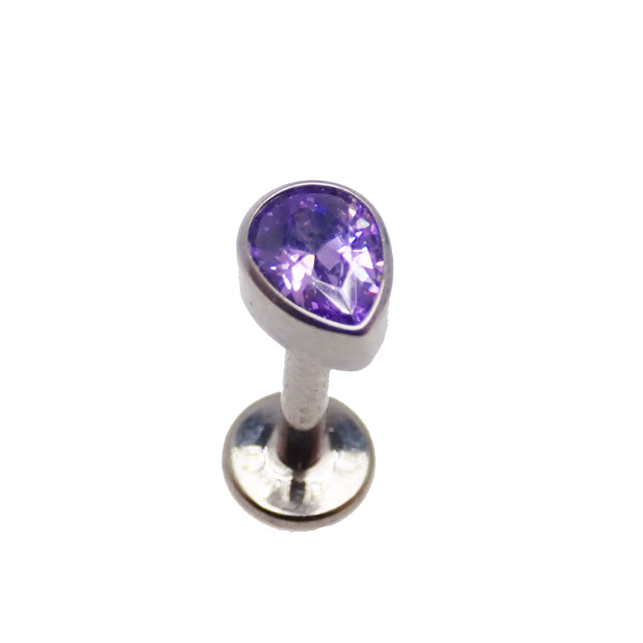 Violet CZ teardrop-shaped flat back body jewelry in 14g, 16g, and 18g sizes from Body Clickers.