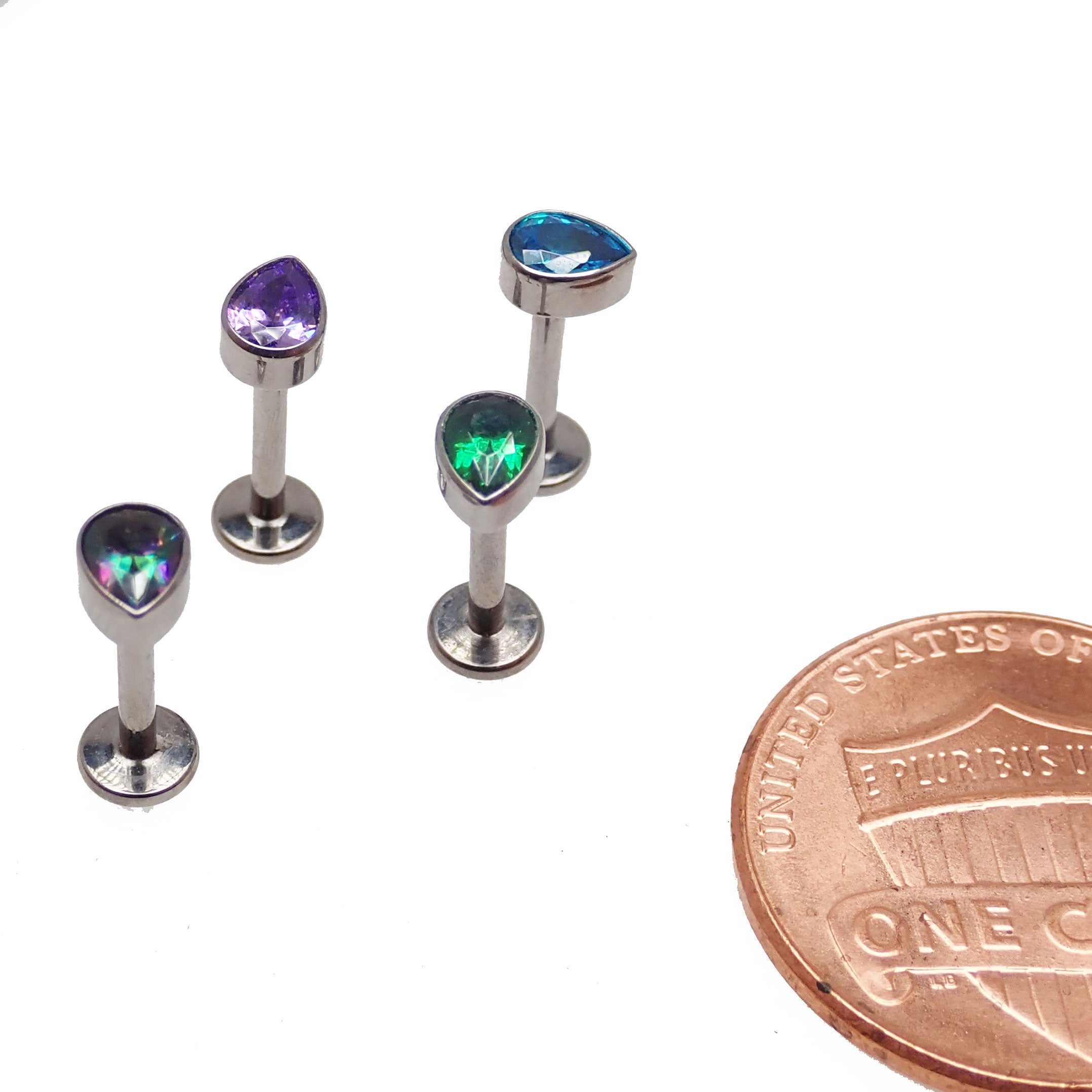CZ teardrop flat back body jewelry by Body Clickers, available in 14g, 16g, and 18g for piercing enhancements.