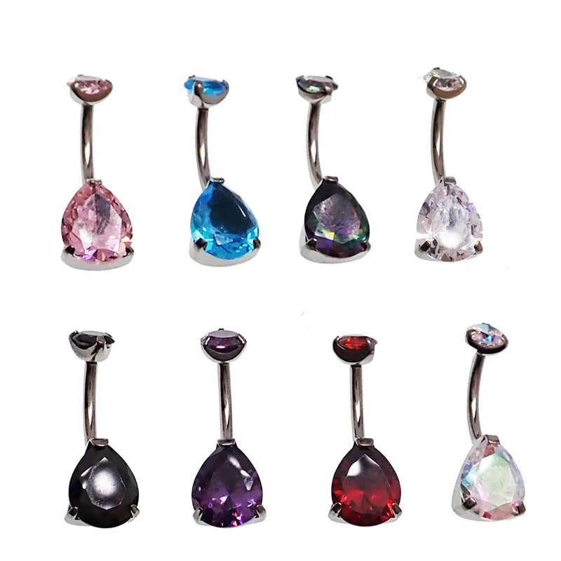 Aqua CZ tear drop belly ring by Body Clickers, 14g body jewelry with a sparkling drop-shaped pendant.
