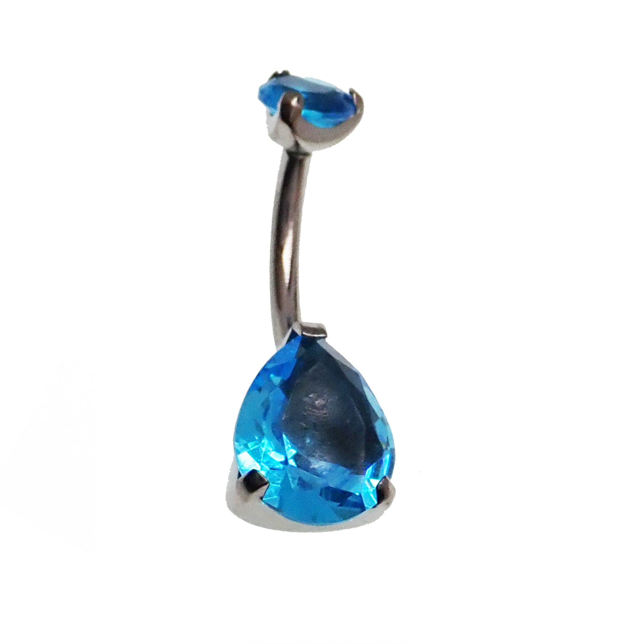 Aqua CZ tear drop belly ring in 14g Body Clickers body jewelry, featuring a sparkling teardrop-shaped gemstone on a silver hoop.