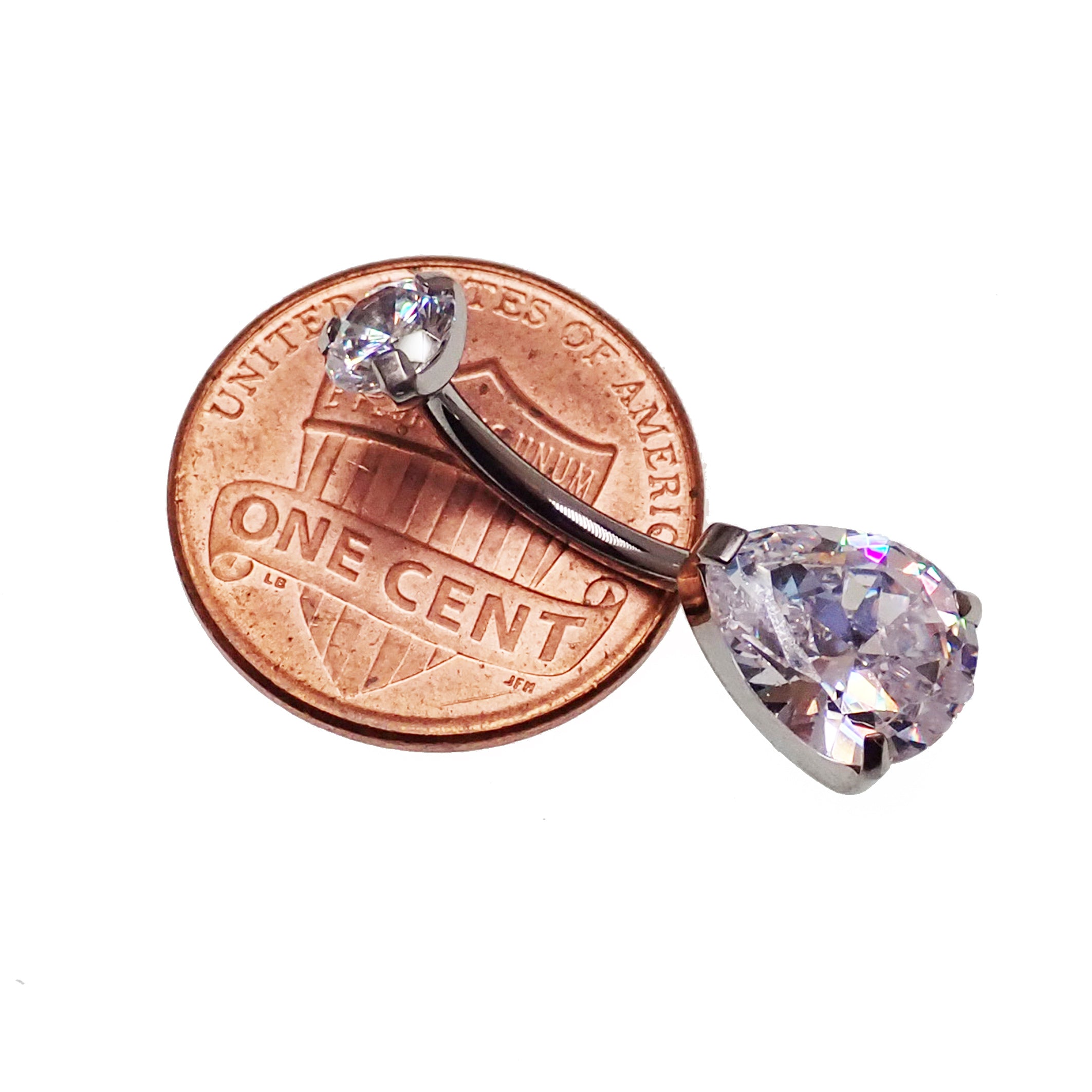 Aqua CZ tear drop belly ring in 14g body jewelry by Body Clickers, featuring a dangling teardrop-shaped gemstone.