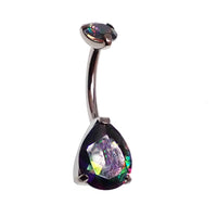 Aqua CZ tear drop belly ring made of 14g body jewelry from Body Clickers, featuring a sparkling teardrop-shaped gemstone.