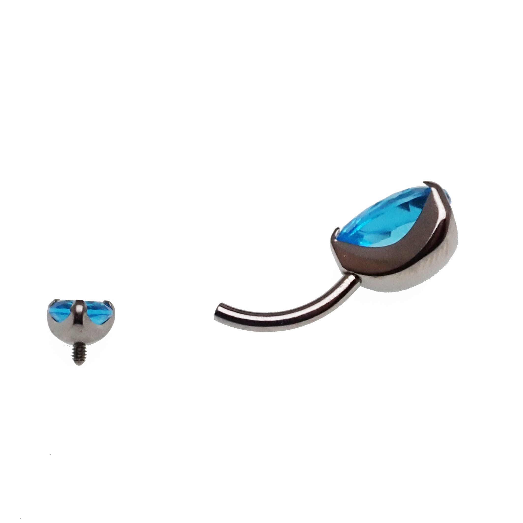 Aqua CZ tear drop belly ring from Body Clickers, 14g body jewelry with a dangling teardrop-shaped gemstone.