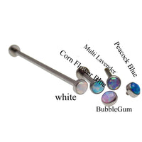 Titanium industrial barbell with flat 4mm opal ends and 16g body jewelry by Body Clickers, shown with 28mm length and blue color.