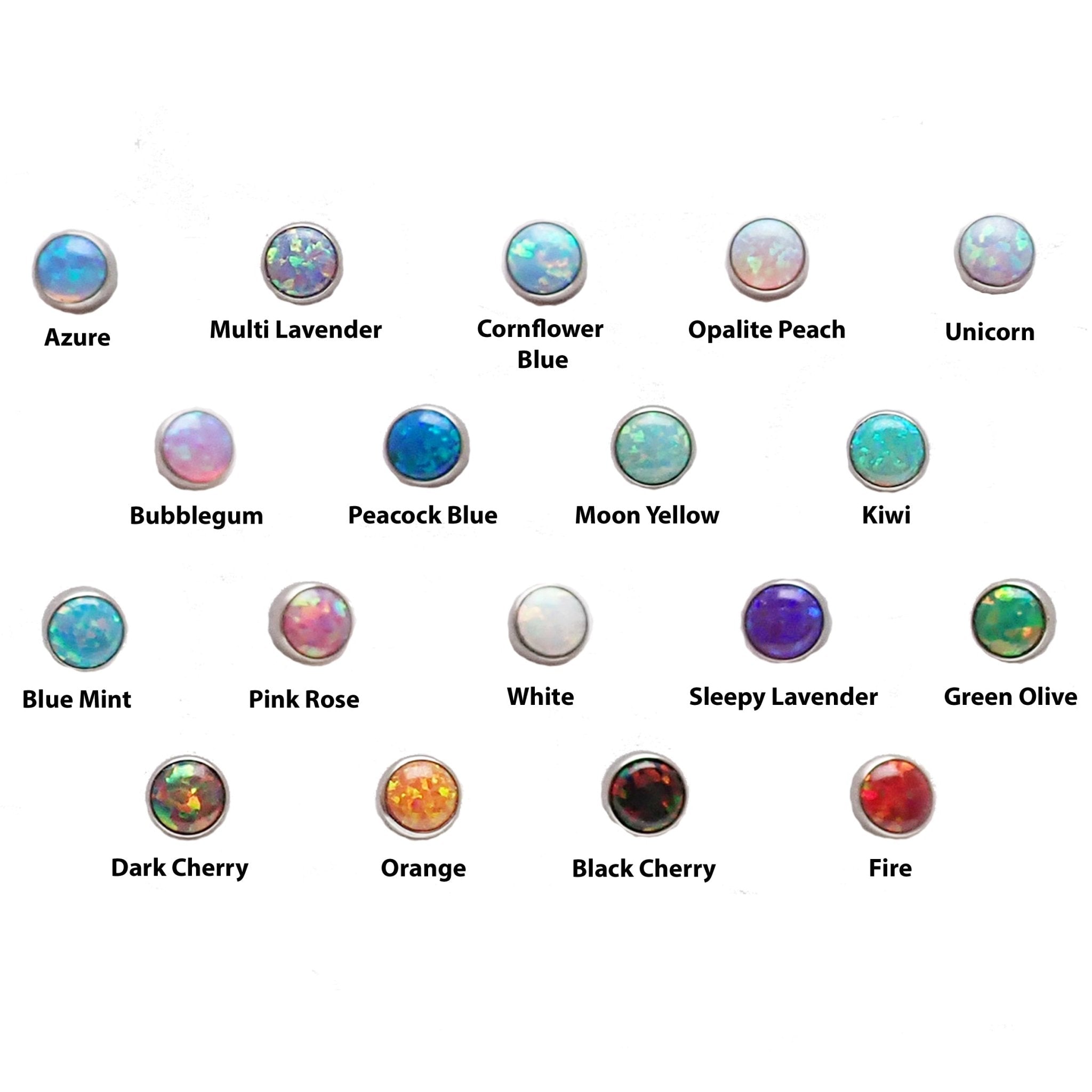 4mm opal top curve bar body jewelry by Body Clickers, 16g piercing with a polished opal gemstone on a curved bar.