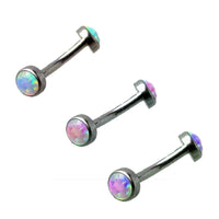 4mm opal top curve bar body jewelry by Body Clickers, 16g titanium curved bar with bubblegum-colored opal gemstone.