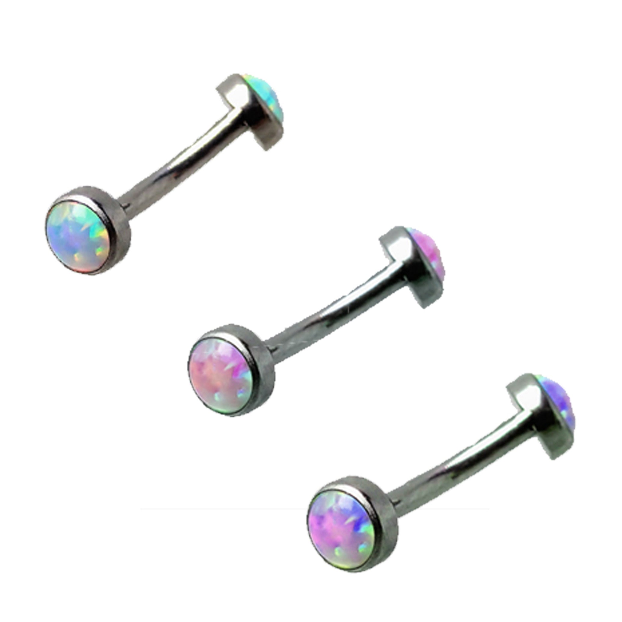 4mm opal top curve bar body jewelry by Body Clickers, 16g titanium curved bar with bubblegum-colored opal gemstone.