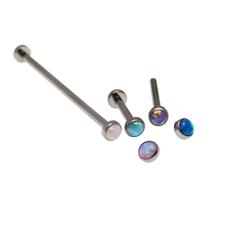 Titanium straight barbell body jewelry with flat opal ends in 16g, featuring a sleek design and azure color.