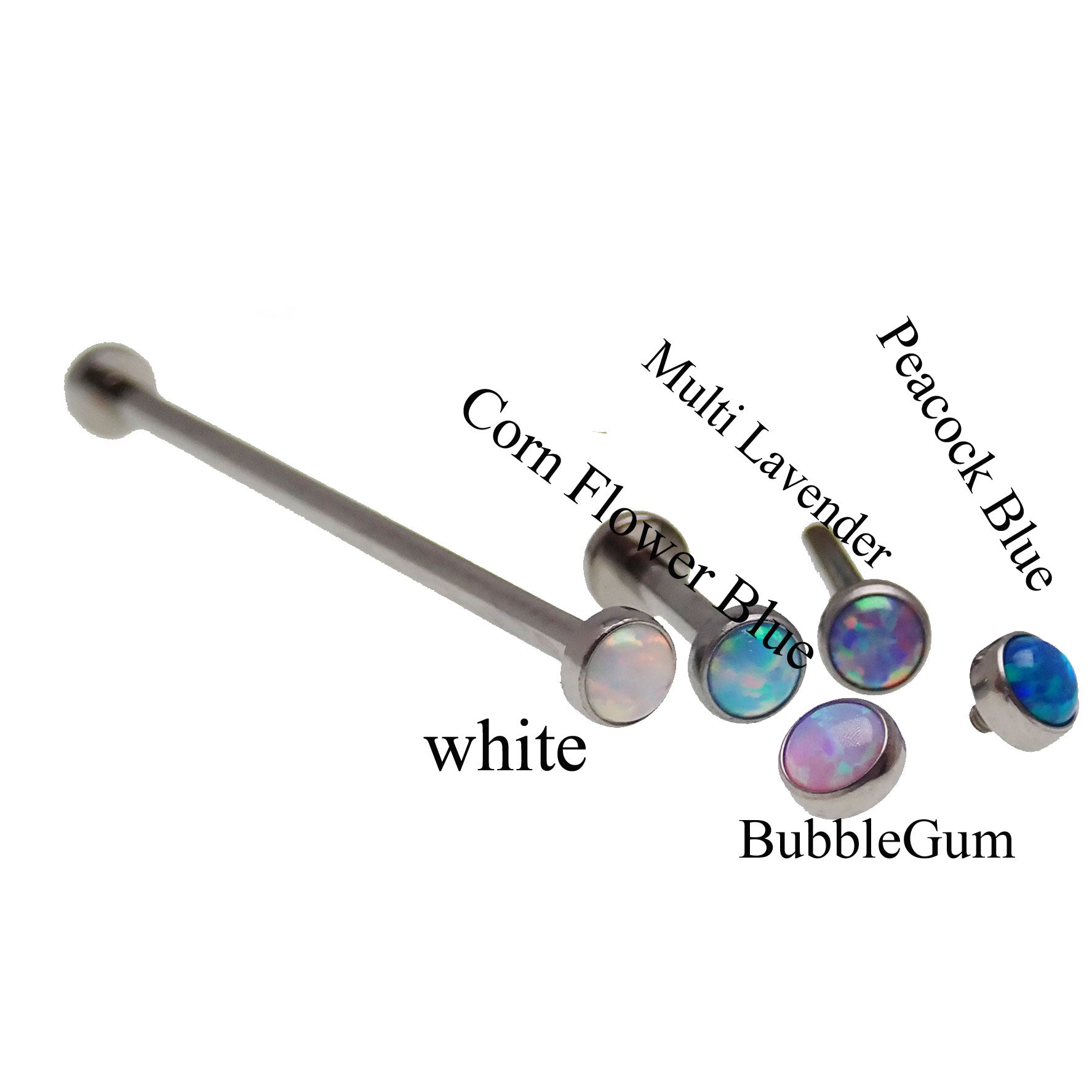 Titanium straight barbell with flat opal ends, 16g, Body Clickers body jewelry, featuring blue opal accents on a sleek body jewelry piece.