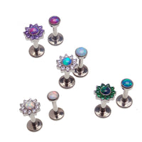 Azure blue flower and flat-top opal and CZ stone body jewelry pair by Body Clickers, internally threaded 0.9mm thread, 14g.