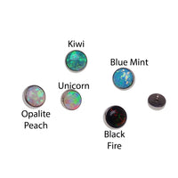 Body Clickers cabochon opal top body jewelry with a 16g gauge, featuring a vibrant, polished opal cabochon for piercing adornment.