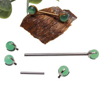Jade titanium barbell piercing by Body Clickers Body Jewelry in 12g or 14g with 12mm length, shown in close-up view.