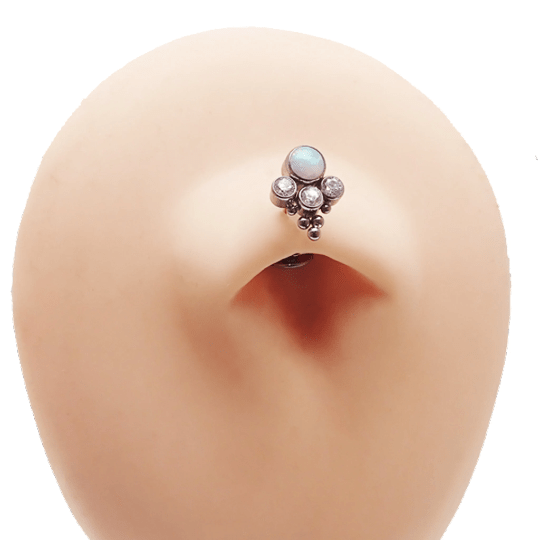 Floating titanium belly bar piercing by Body Clickers, 14g, 10mm curved belly ring with smooth finish and secure ball closure.