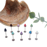 Black cherry Opal 4mm cone flatback labret body jewelry in 14g, 16g, and 18g by Body Clickers.