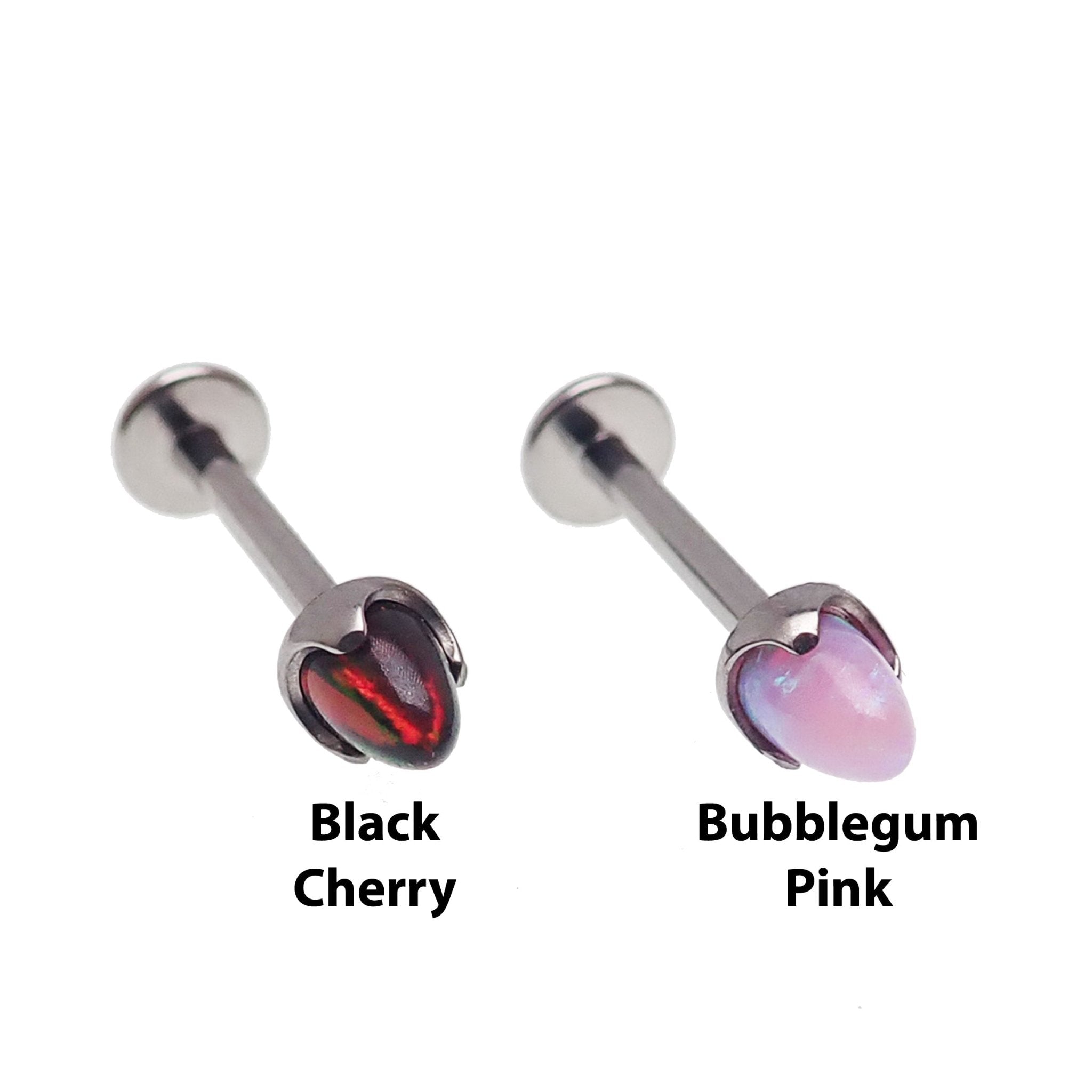 Black cherry Opal 4mm cone flatback labret body jewelry in 14g, 16g, and 18g gauges by Body Clickers.