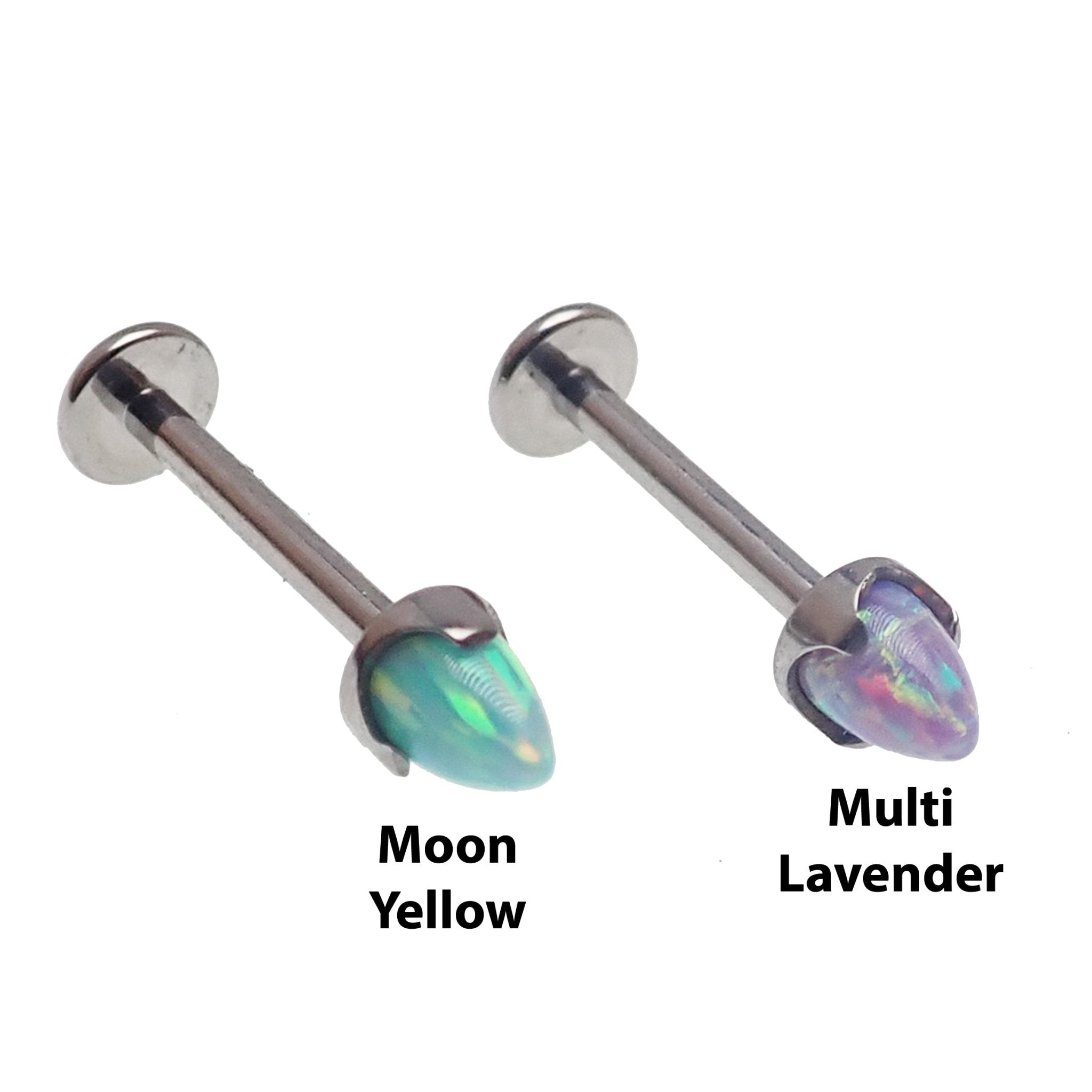 Black cherry Opal 4mm cone flatback labret body jewelry by Body Clickers in 14g, 16g, and 18g gauges.