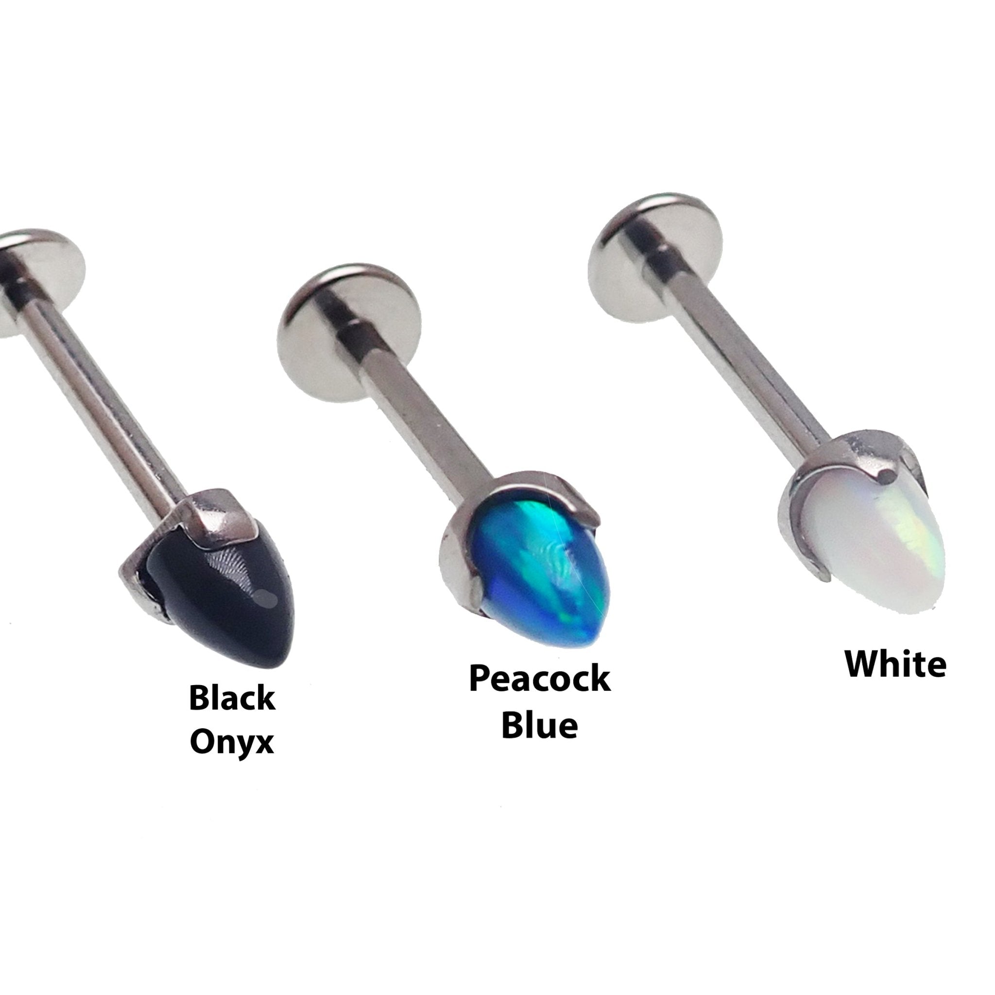 Black cherry Opal 4mm cone flatback labret body jewelry by Body Clickers in 14g, 16g, and 18g gauges.