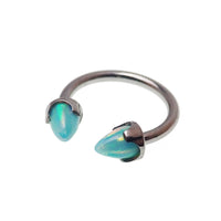 Black horseshoe piercing with 4mm spiked opal cone ends, 16g body jewelry from Body Clickers with cherry accents.