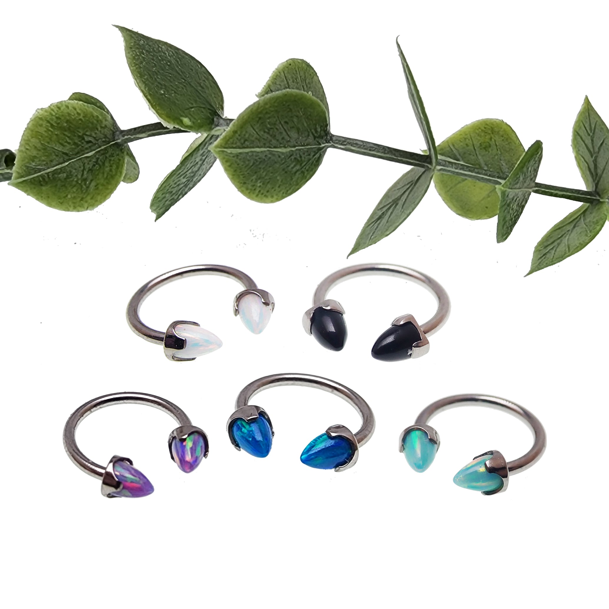 Black horseshoe body jewelry with 4mm spiked opal cone ends, 16g size, featuring a stylish and bold design by Body Clickers.