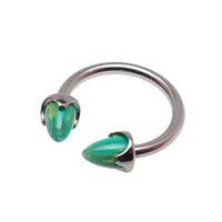 Black horseshoe body jewelry with 4mm spiked opal cone ends, 16 gauge, by Body Clickers, featuring a sleek, curved design.