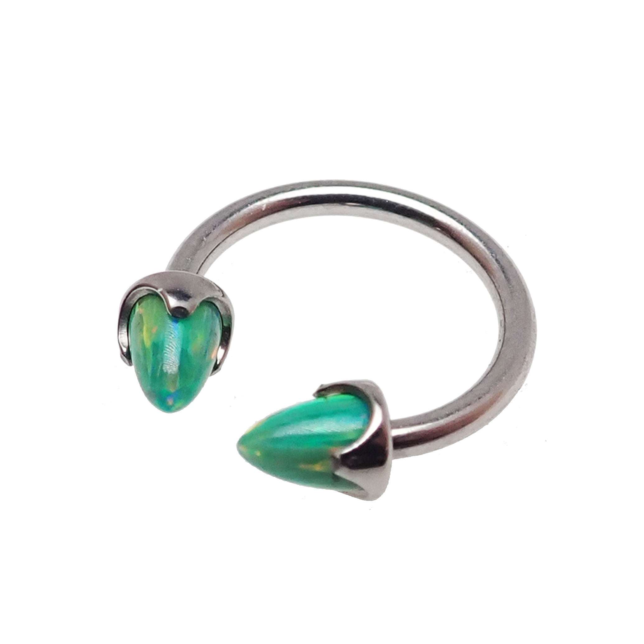 Black horseshoe body jewelry with 4mm spiked opal cone ends, 16 gauge, by Body Clickers, featuring a sleek, curved design.