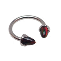 Black cherry horseshoe piercing with 4mm spiked opal cone ends, 16g body jewelry, featuring a sleek and edgy design.