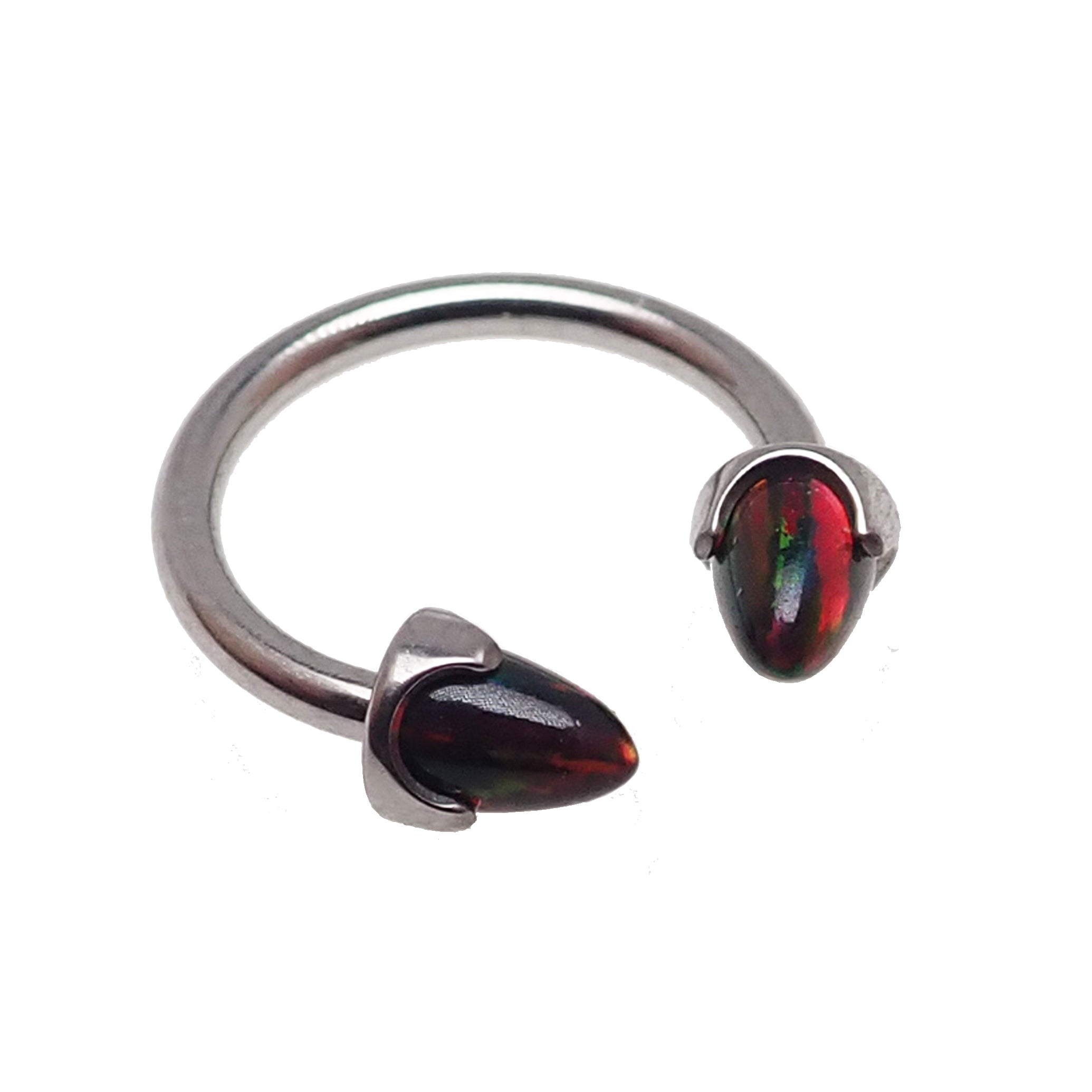 Black cherry horseshoe piercing with 4mm spiked opal cone ends, 16g body jewelry, featuring a sleek and edgy design.