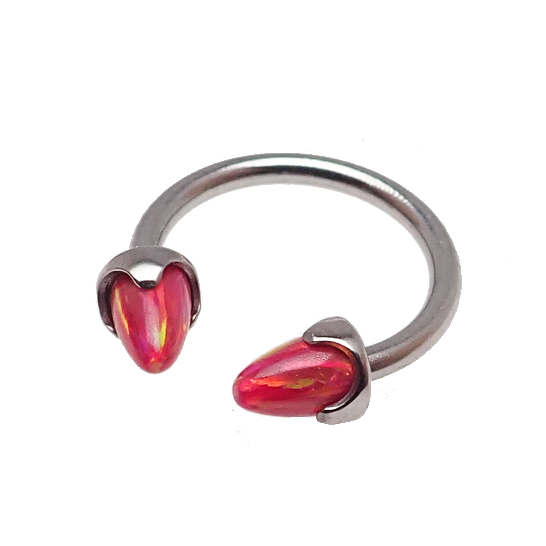 Black horseshoe body jewelry with 4mm spiked opal cone ends, 16g size, featuring a sleek design and curved shape.
